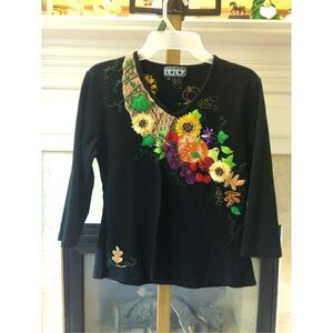 Berer by Takako Sakon Women’s Black 3/4 Sleeve Fall Embroidered Blouse Size M